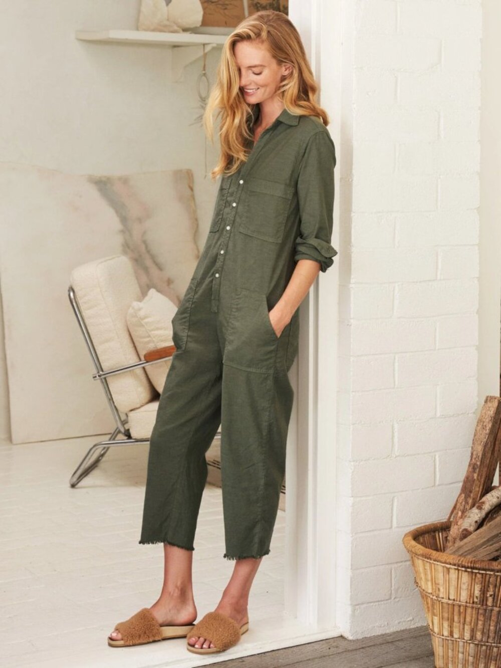Frank & Eileen Northern Ireland Small Army Green Linen Jumpsuit